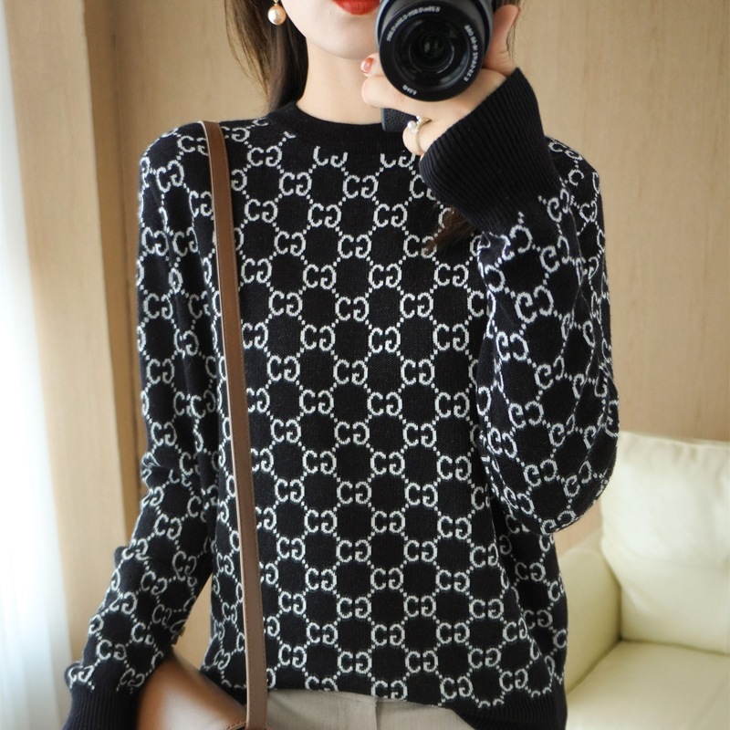 Autumn Winter Sheep Sweatshirt Hooded Sweater Woman New Non Cashmere Round Collar Knit 100 Lapped Retro Loose Temperament Blouse