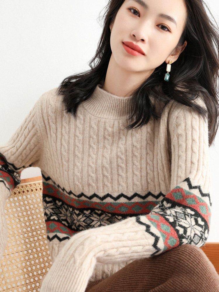 2021 New retro jacquard high collar loose sleeves Lazy Outside to wear a bottom-jersey-knit cardiovert sweater