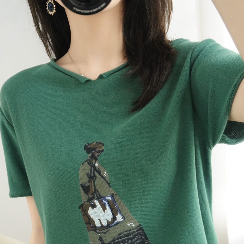 Cotton knitted V-neck short-sleeved women's fashion all-match printing half-sleeve bottoming shirt T-shirt loose fashion large size top summer
