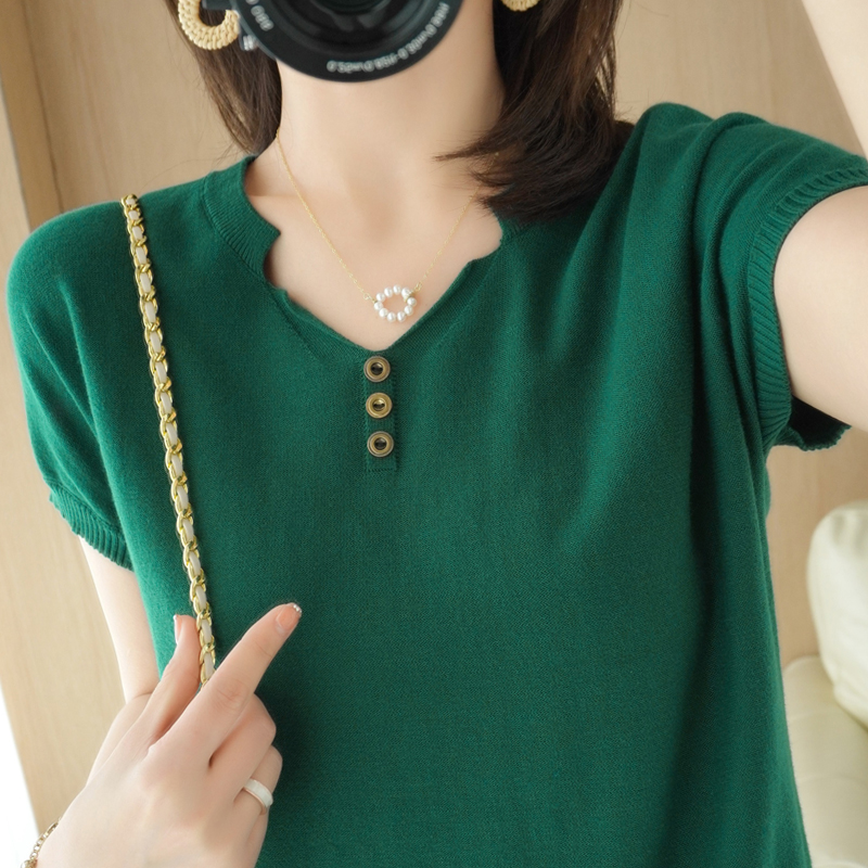 T-shirt V collar loose inner lap female blouse 2022 Summer new pure cotton knit undershirt short sleeve cotton linen