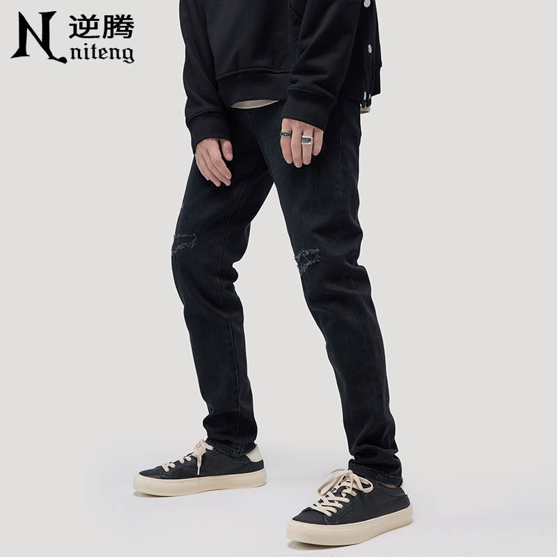 Spring and autumn in black Broken Cave Jeans Men's Body Straight Barrel Long Pants Tide Cards High Street Smoke Tubes Pants Men Summer