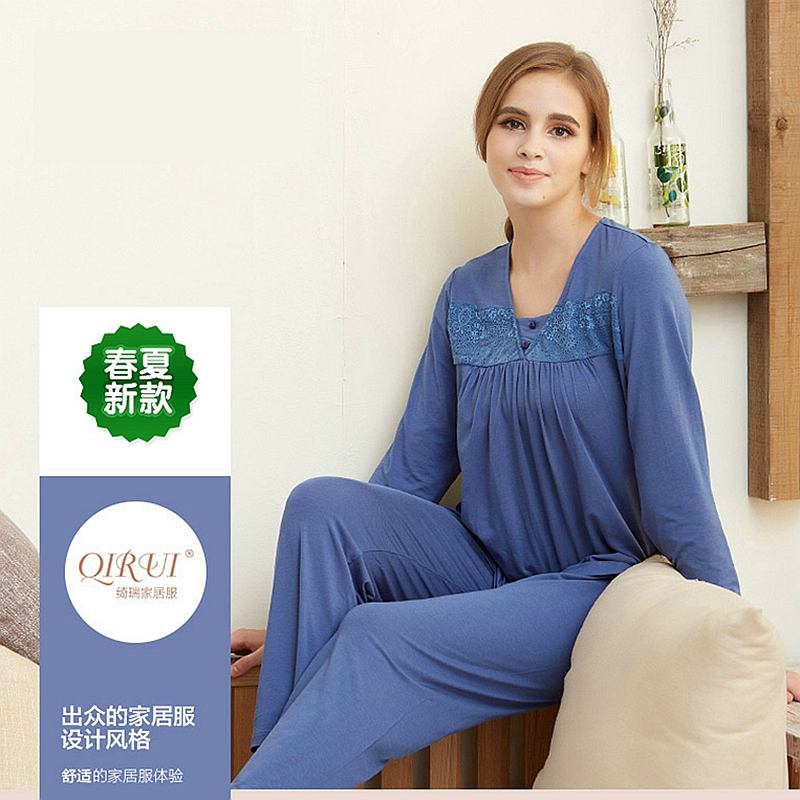 Qirui Homewear của phụ nữ mùa xuân và mùa thu Phương thức thoáng khí Bộ đồ dài tay mỏng tươi mát Bộ đồ ngủ cổ chữ V thoải mái - Cha mẹ và con