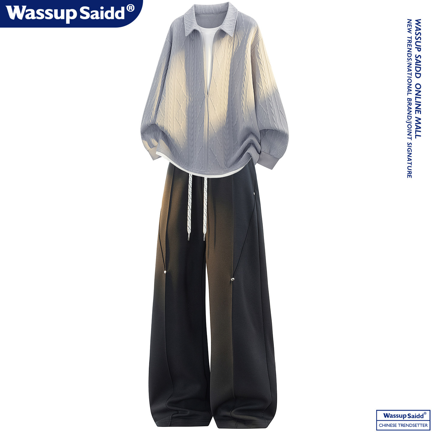 Wassup Saidd ชุดสูทสไตล์ลำลอง ฤดูใบไม้ร่วง สำหรับผู้ชาย มีปกปลอม 2 ชิ้น เสื้อสเวตเชิ้ตลายผิวสัมผัส กางเกงขายาวทรงหลวม ใส่ได้หลากหลาย