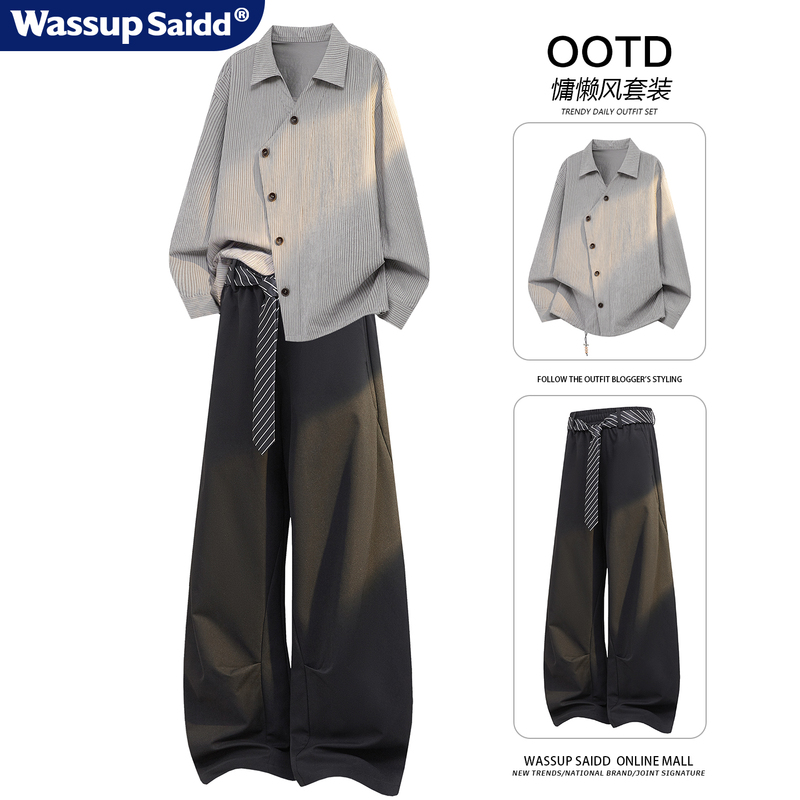Wassup Saidd High-End Design Suit with Diagonal Placket Striped Long-Sleeve Shirt for Men, Autumn Scimitar-Style Trousers Wassup Saidd High-End Design Suit with Diagonal Placket Striped Long-Sleeve Shirt for Men, Autumn Scimitar-Style Trousers