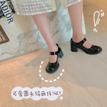 (cousin FAN)retro big head Mary jane small leather shoes 2021 new medium-high-heeled leather thick-heeled single shoes women