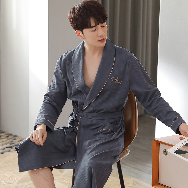 Sleeping robe men's spring and autumn in pure cotton long sleeve bathrobes pajamas full cotton long version large size for autumn slim-style sunbathing