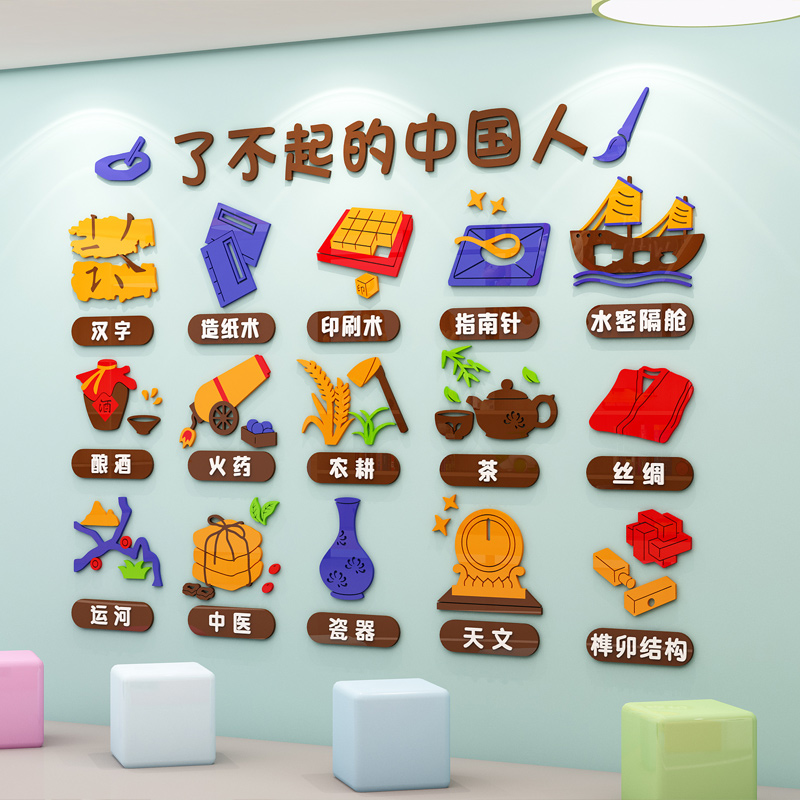 Kindergarten China Ancient Invention Ring Innovation Themed Wall Decoration Corridor Stairs Arrangement Classroom Cultural Wall Sticker 3d