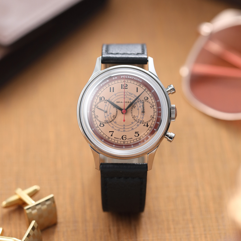 Seagull Watch Salmon-Colored Vintage Chronograph Pulse Meter Archimedes Spiral Manual Mechanical Men's Watch 3011 Seagull Watch Salmon-Colored Vintage Chronograph Pulse Meter Archimedes Spiral Manual Mechanical Men's Watch 3011