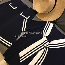 Temperament accent ~ Navy style striped lace-up short sleeve knitted top skirt two-piece suit female summer