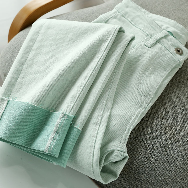 Scarce ~ the color is very good-looking on the upper body, soft four-way elastic, high-waisted straight elastic ice green jeans b