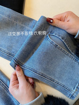 Wang fried God pants wear supermodel legs ~ high-end fashionable split womens slim high waist jeans spring and summer New