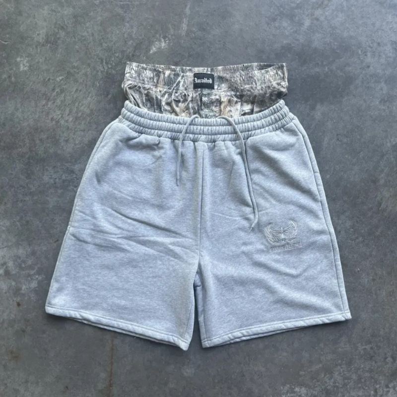 European and American Cross-Border Street Camouflage Double Waistband Patchwork Sweatpants Cropped Pants Hip-Hop Casual Embroidered Sports Shorts for Men and Women