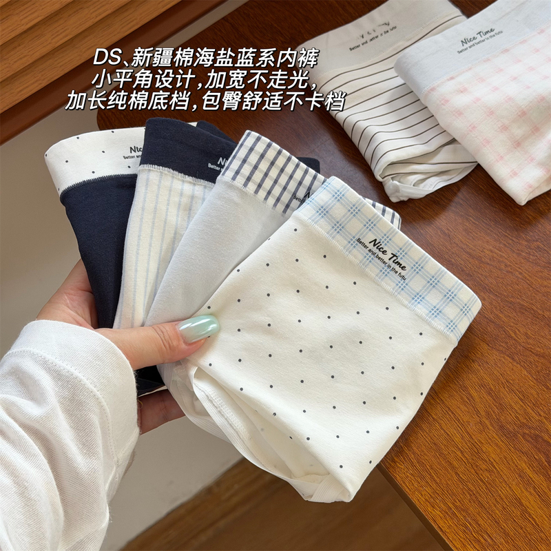Pure Cotton Sea Salt Blue, Plaid Women's Panties with Extended Crotch, Small Square-Angle Polka Dot Pattern, High Elasticity Briefs for Students