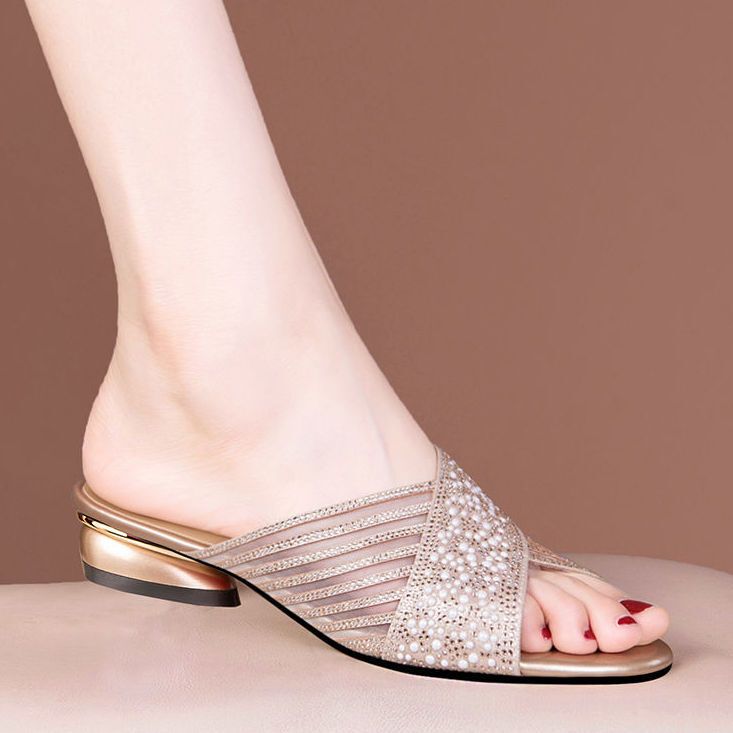 Genuine Leather Mesh Sandals for Women, Summer 2025 New Style, Elegant Rhinestone Flat Heel, Peep-Toe Low Heel Slip-On Mules Genuine Leather Mesh Sandals for Women, Summer 2025 New Style, Elegant Rhinestone Flat Heel, Peep-Toe Low Heel Slip-On Mules