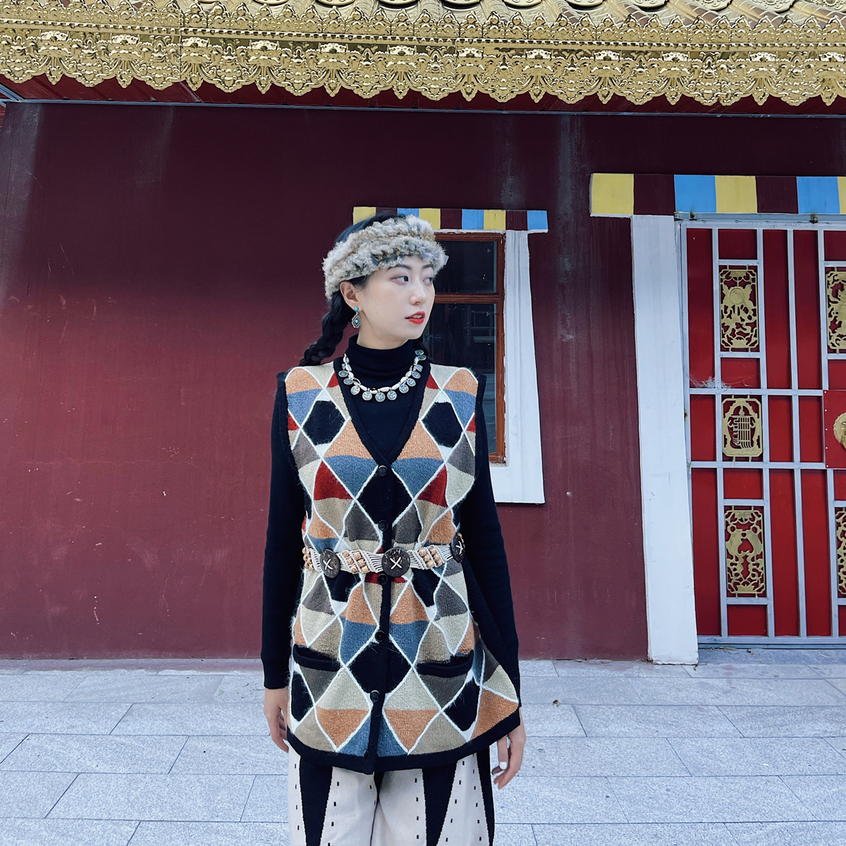 Cat's Hostel Retro Knit Vest Maclip Ethnic Wind Rhomboid Tours Wear for a National Wind Loose Waistcoat