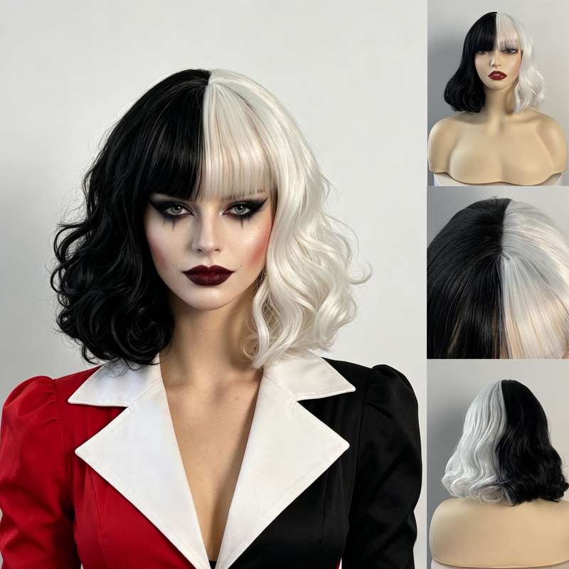 Amazon Black and White Witch Cruella Cosplay Wig Tiktok Selling European and American Style Short Curly Full Wig