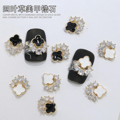 The new popular four-leaf clover nail art accessory set, zircon light luxury retro chanty style diamond metal nail accessory