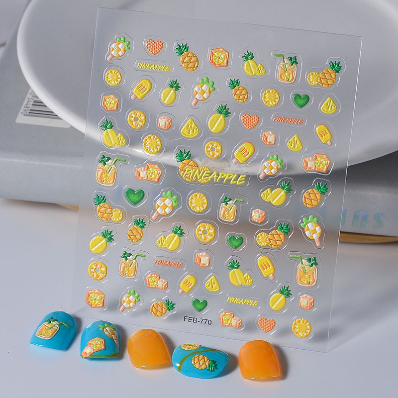 2024 New Craft 3D Nail Art Stickers Embossed Fruit Drink Adhesive Nail Stickers Summer Pineapple Honey Graffiti