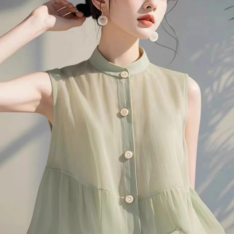 2025 New Chiffon Shirt Summer Blouse Stand Collar Sleeveless Vest Design Loose Fashion Top Women's Shirt Hot Sale