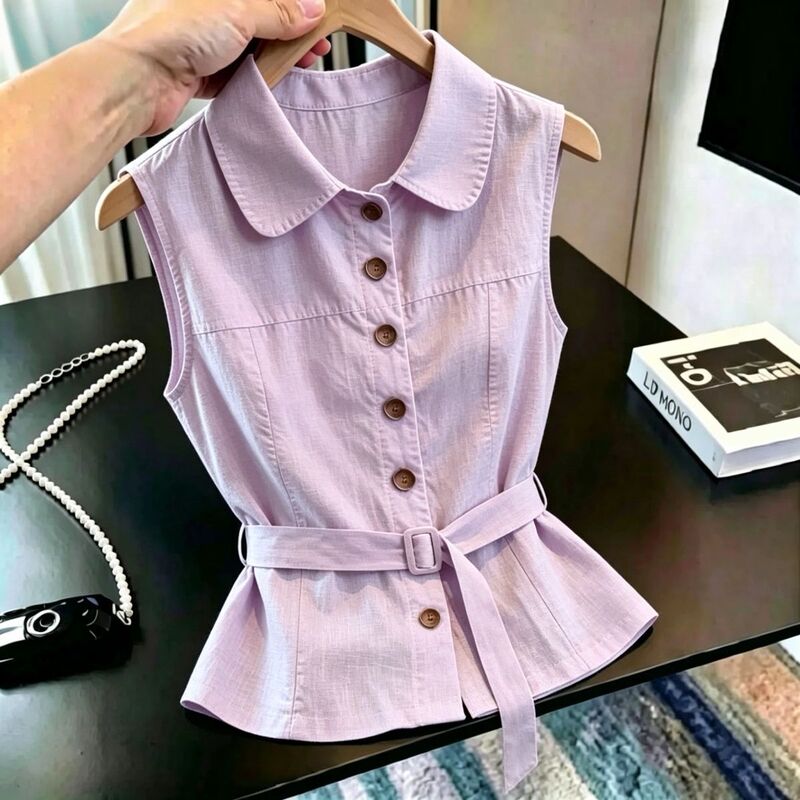 Original Design Sleeveless Vest for Women, Summer Old Money Style, Waist-Cinching Tie Shirt, Elegant Solid Color Thin Top