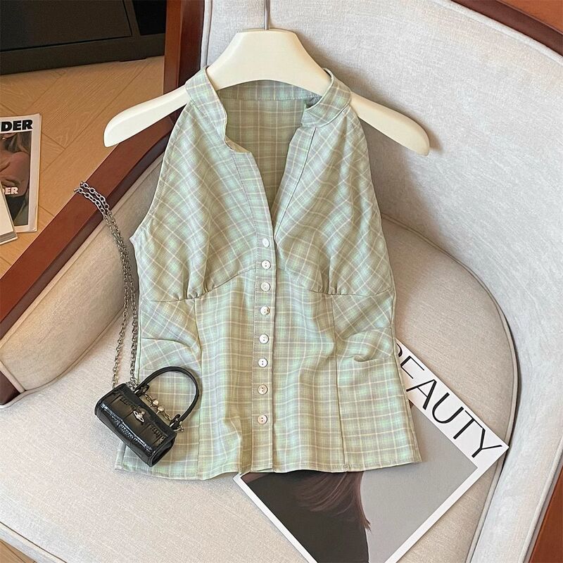Petite Plaid Half-Open Collar Shirt for Women, New Summer Style, Single-Breasted, Sleeveless, Short Halter Top for Women