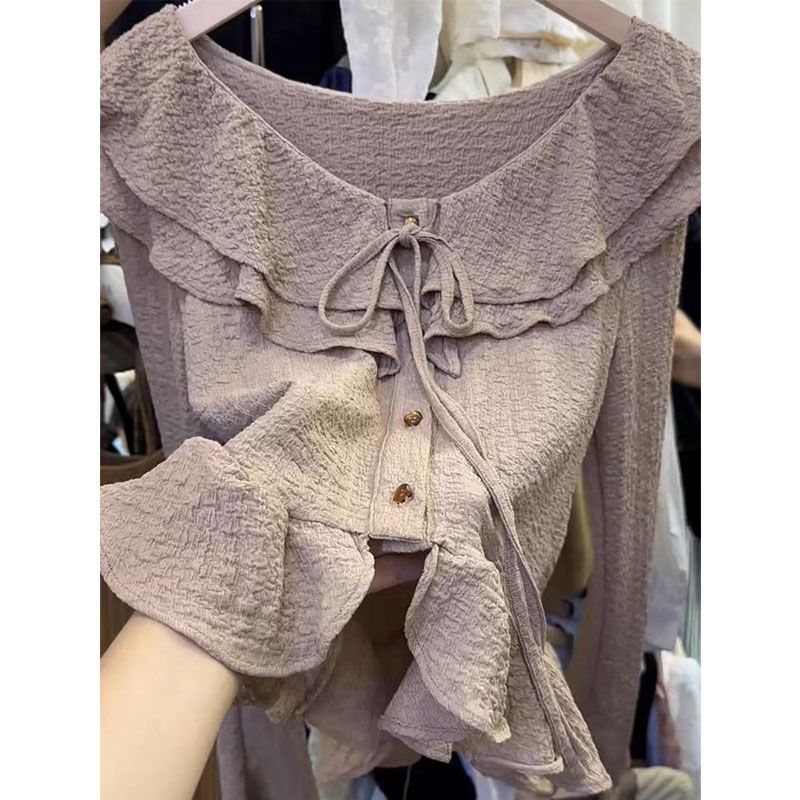 Ruffled Bow-Tie Long-Sleeved Short Shirt for Women, Autumn Design, Niche Single-Breasted Pleated Skirt Hem Top