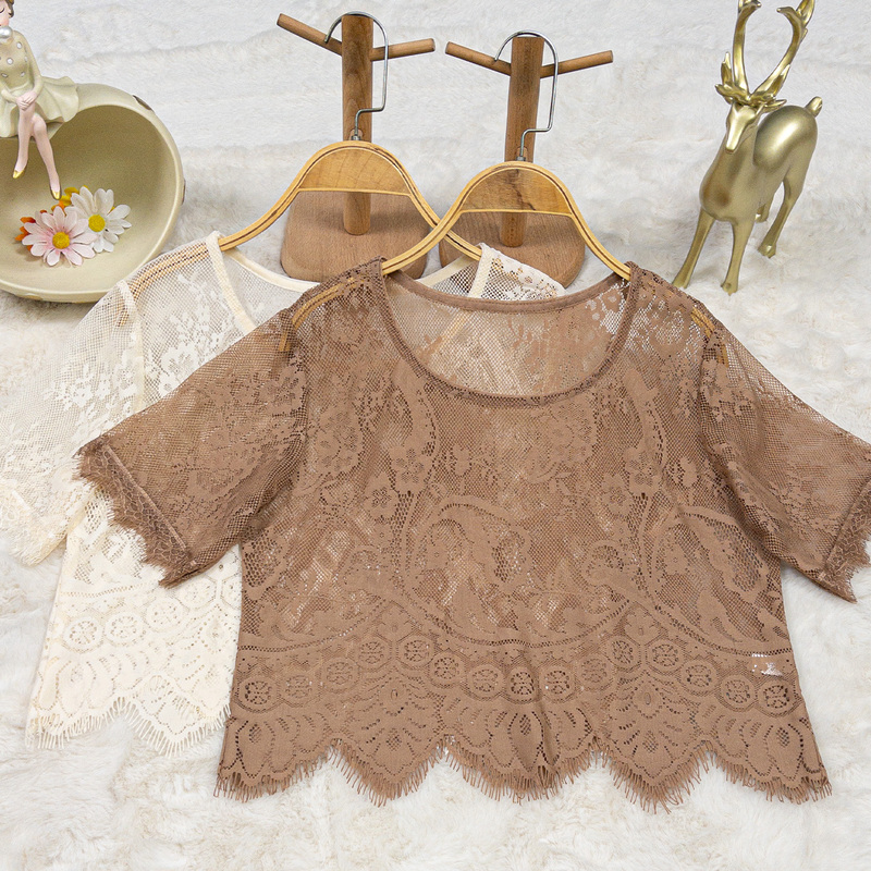 Lace Base Shirt for Women, Apricot Color, Hollow-Out Short-Sleeve Mesh Top, 2026 New Summer Versatile Lace Blouse, Stylish Lace Base Shirt for Women, Apricot Color, Hollow-Out Short-Sleeve Mesh Top, 2026 New Summer Versatile Lace Blouse, Stylish