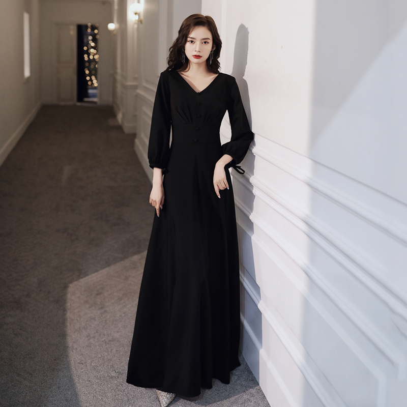 Black Long-Sleeved Evening Dress for Women, Suitable for Annual Meetings, Banquets, Elegant and High-Quality, Suitable for Students' Art Exams, Performances, and Coming-Of-Age Ceremonies
