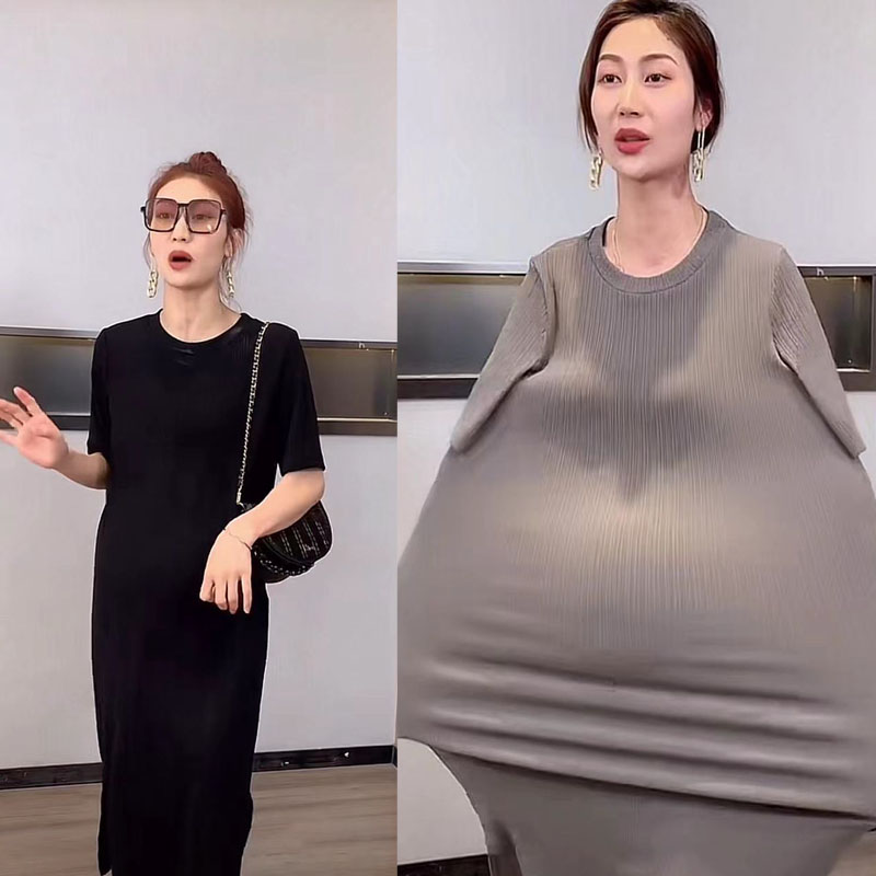 Maternity summer dress Split short sleeve ice silk fashion loose solid color long version of Korean summer stretch T-shirt skirt