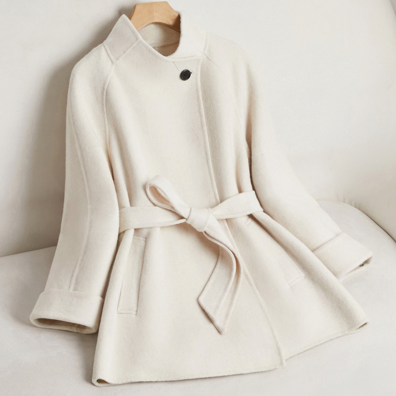Oatmeal-Colored Double-Sided Cashmere Coat for Women, 2025 New Style, Petite Size, Belted Waist, Wool Jacket, Thick Winter Version