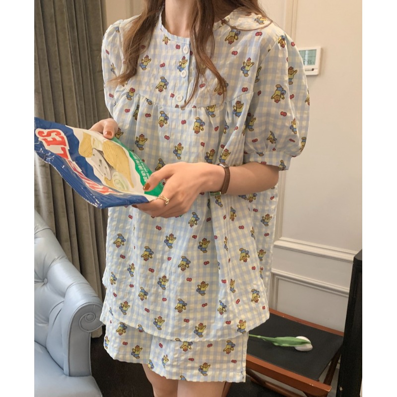 <!--睡衣女夏季短袖短裤韩版休闲卡通可爱樱桃小熊棉麻家居服两件套装-->