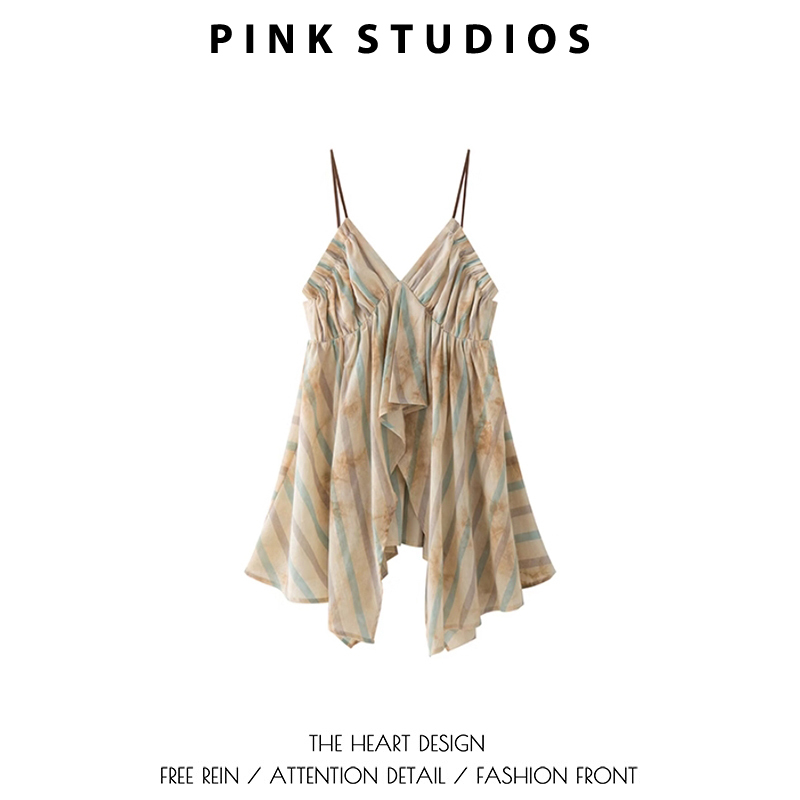 New Chinese-Style Color-Block Striped Camisole for Women, Spring and Summer Vintage Tie-Dye Distressed Irregular Design Outerwear Backless Top