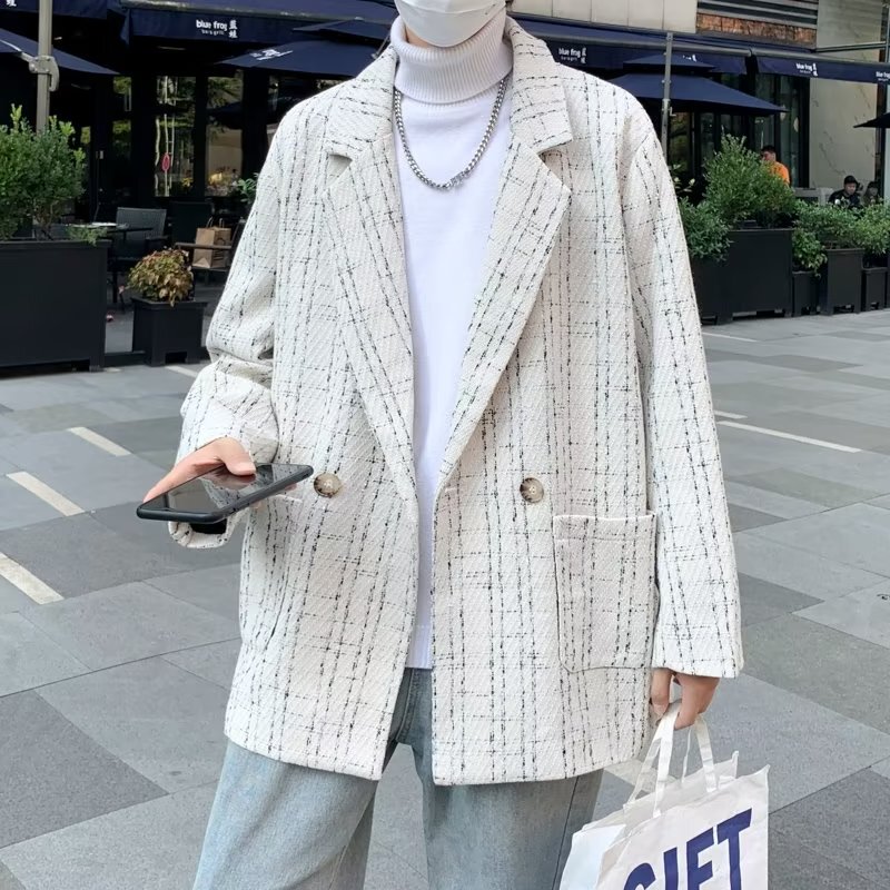 White Chanel-Style Jacket for Men and Women, Spring and Autumn, Loose Casual Suit, Knitted Plaid Woolen Suit, Cool Jacket