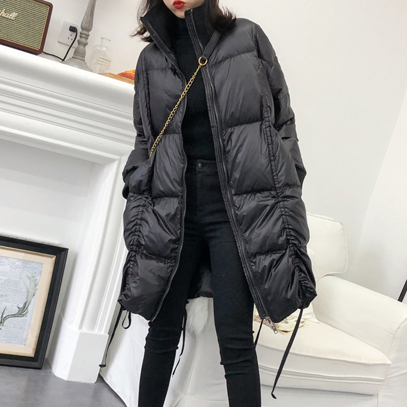 Black down jacket female mid-length version Korean version white duck suede 2022 winter new exploits small dines loose jacket
