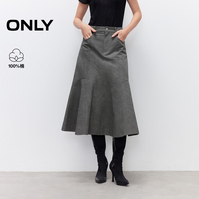 ONLY2025 winter new style washed and aged A-line umbrella hem slim mid-length skirt for women|125216007