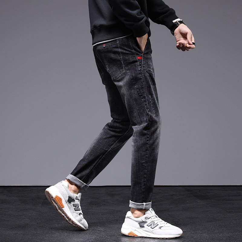 Spring denim long pants men's Korean version Trend 100 hitch casual pants male loose straight drum Tide Card Tooling Pants