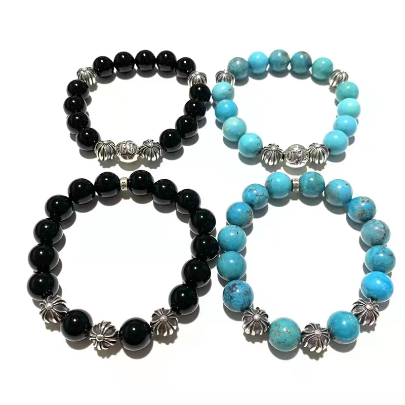 Ch Retro Luo Bracelet S925 Sterling Silver Cross Flower Bracelet 12mm Obsidian Bracelet Turquoise Men's and Women's Bracelet