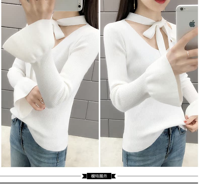 Đầu xuân phụ nữ in nơ tay áo mùa xuân 2019 mới mỏng đan đáy áo len nữ - Áo len cổ chữ V áo len cổ tim