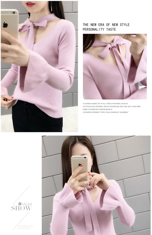 Đầu xuân phụ nữ in nơ tay áo mùa xuân 2019 mới mỏng đan đáy áo len nữ - Áo len cổ chữ V cardigan nam