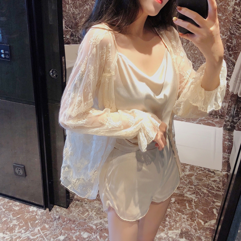 ins superfire lukewarm wind summer temperament lace hood shirt small harness shorts silk sliding pyjamas woman home three sets