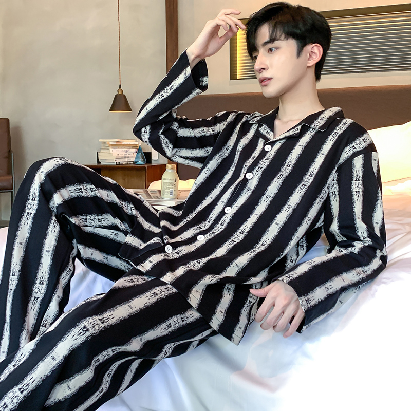 Boyfriend self-leaving BI Entrance Stripe Full Cotton Pyjamas for autumn and winter pure cotton long sleeves Loose Casual Suit