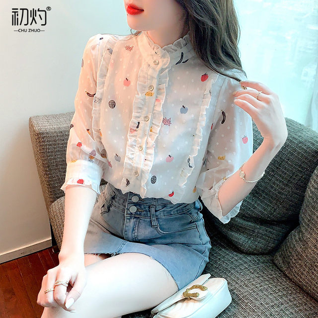 Sweet floral chiffon shirt women's temperament age-reducing fungus edge stitching stand-up collar three-quarter sleeve top 2022 summer new