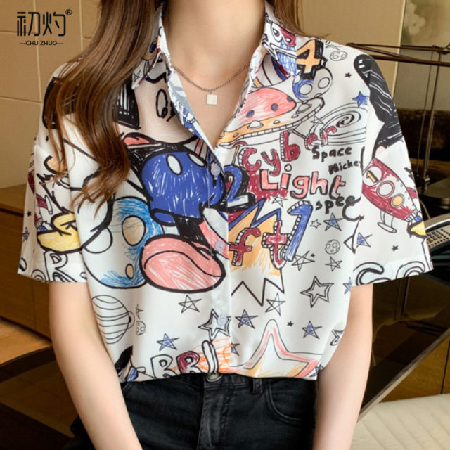 Retro Hong Kong-flavored chiffon short-sleeved shirt women's summer new fashion cartoon printing shirt loose and thin shirt tide