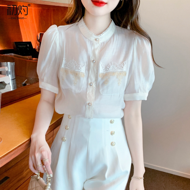 High-end embroidered pocket chiffon shirt women's summer 2022 new high-end foreign style stand-up collar puff sleeve top