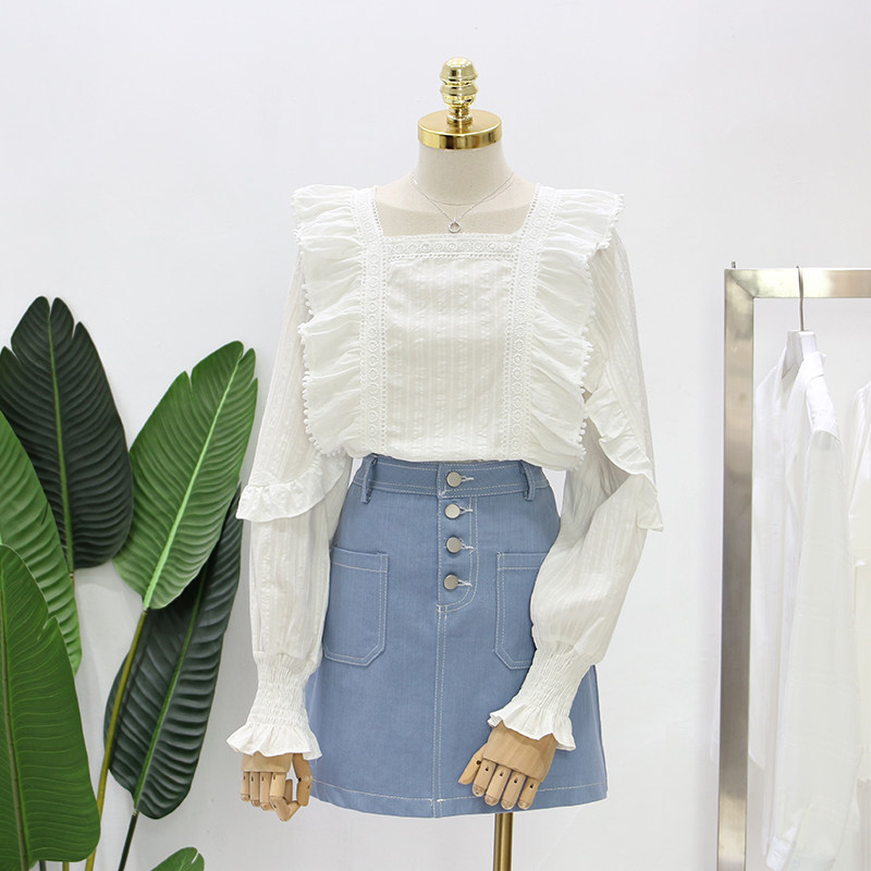 Spring 2022 sweet versatile chic tops long sleeve shirt women loose ruffled minor design sense square collar shirt