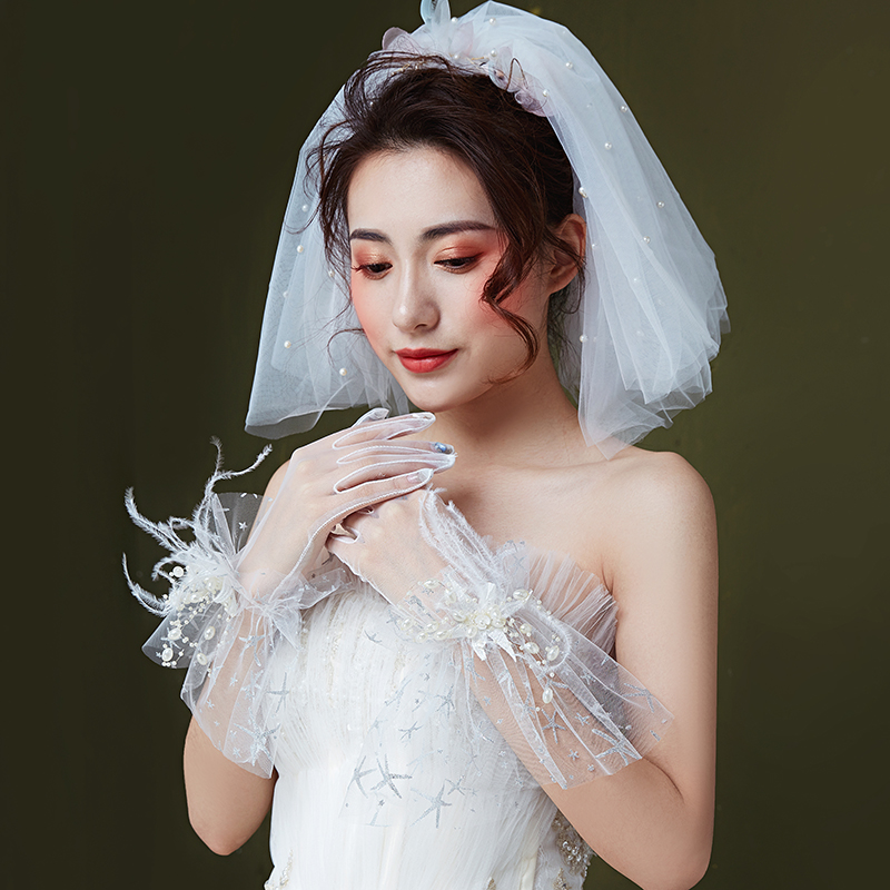 Handmade Super Fairy Bride Wedding Wedding Dress Gloves Han Style Short lace mesh yarn Veil Thin all white Flowers Gloves