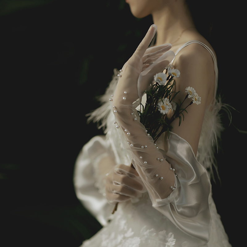 Bridal wedding lace stitched beaded mesh satin stitching gloves long version stitched pearl fine mesh thin wedding gloves