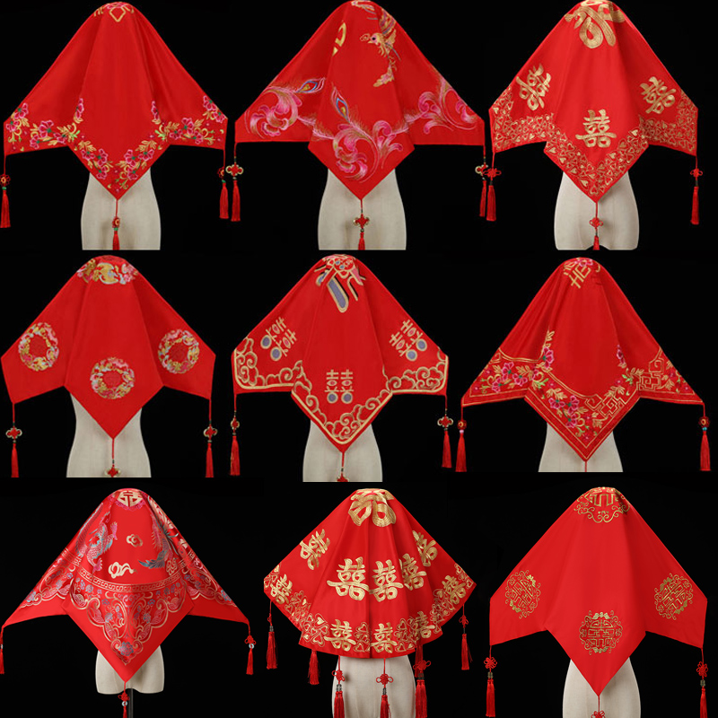 Bridal red cover head wedding Chinese style show and wedding dress Hei Pagai head yarn high-end dragon and phoenix embroidery translucent flow Su