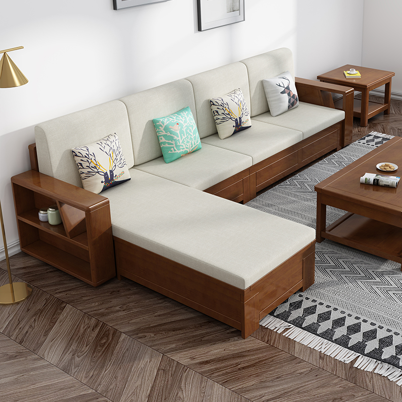 Solid wood sofa high-box storage Simple size household type living room corner of Guifu Chinese summer cloth sofa combination