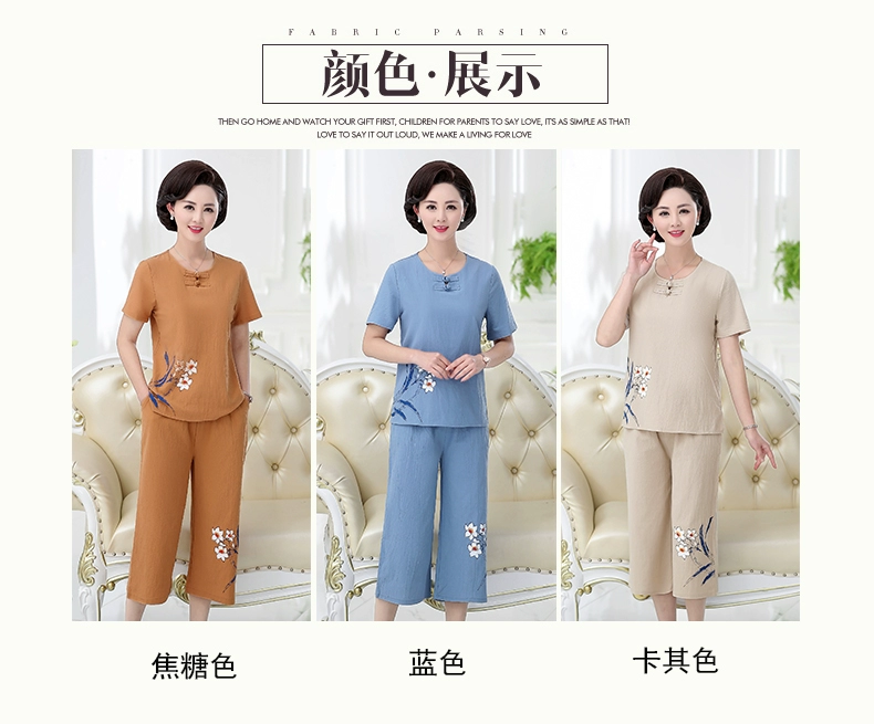 Bộ đồ mùa hè cho mẹ 40 tuổi 50 phụ nữ trung niên cotton ngắn tay và vải lanh hai mảnh cỡ lớn quần áo mùa hè mới - Quần áo của mẹ áo khoác nữ trung niên